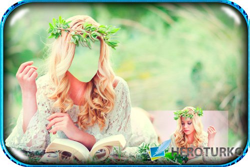 Шаблон фотошоп - Блондинка в зеленом венке читает книгу
